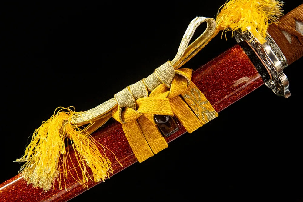Flaring Fire Katana cotton sageo cord tied on ox horn kurikata