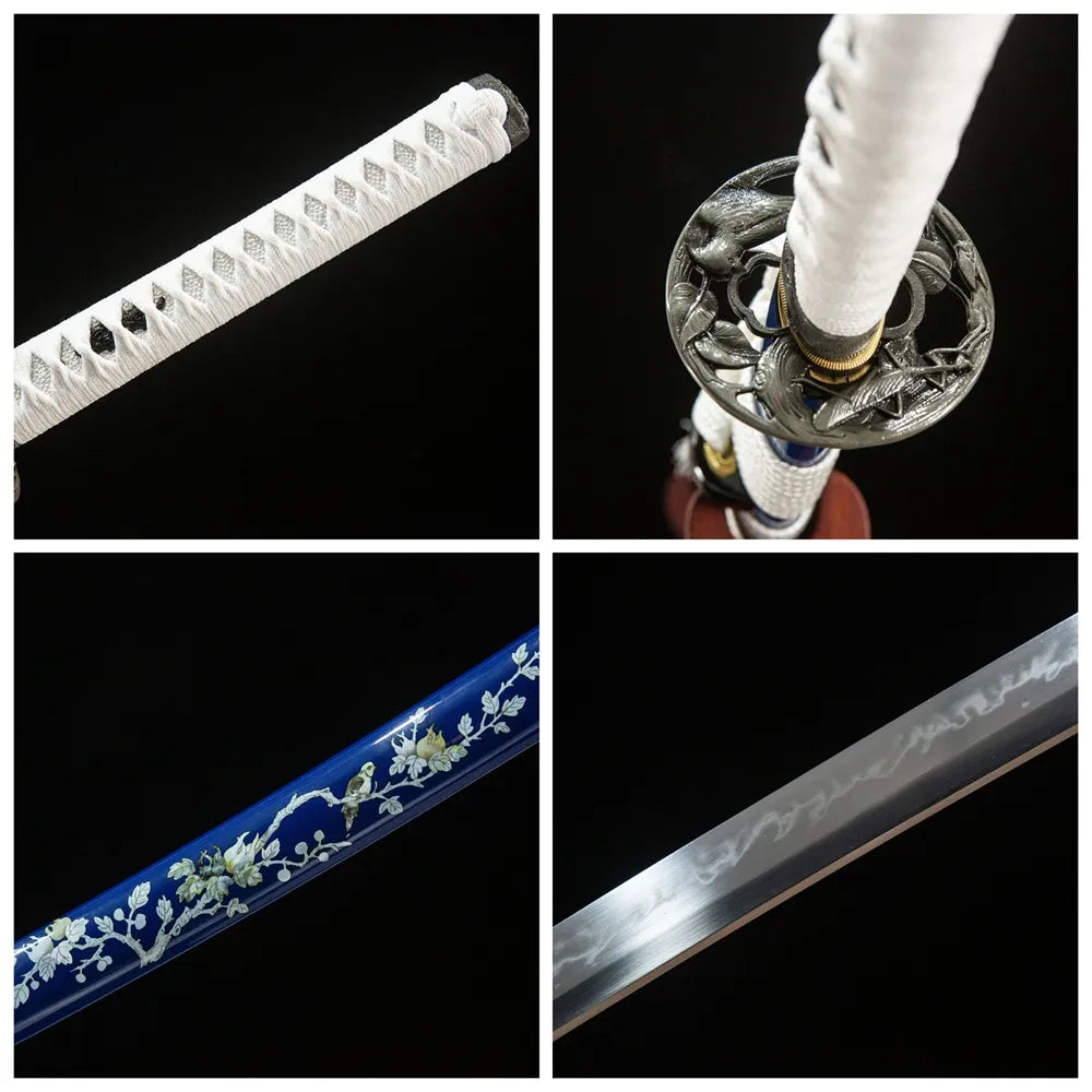 4-grid detail collage Snow Prunus Mume Katana sanbonsugi blade white tsuba hollow bird tsuba blue plum painted saya