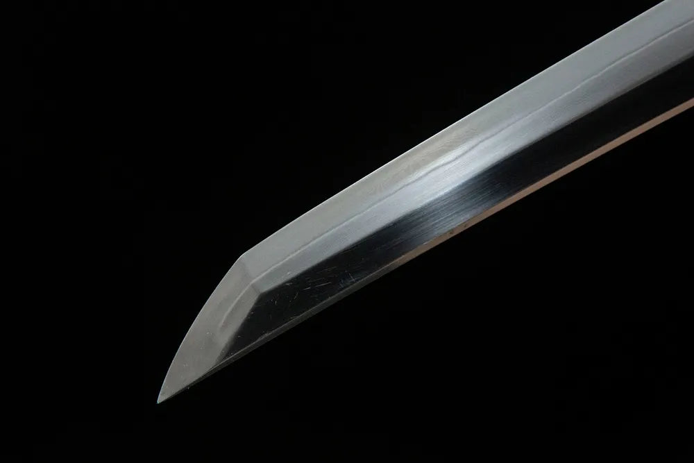 Kissaki tip closeup fully factory sharp cutting edge neat straight hamon finish
