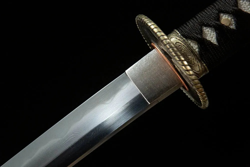 Time Katana upper blade detail, Gunome hamon near habaki patterned folding steel