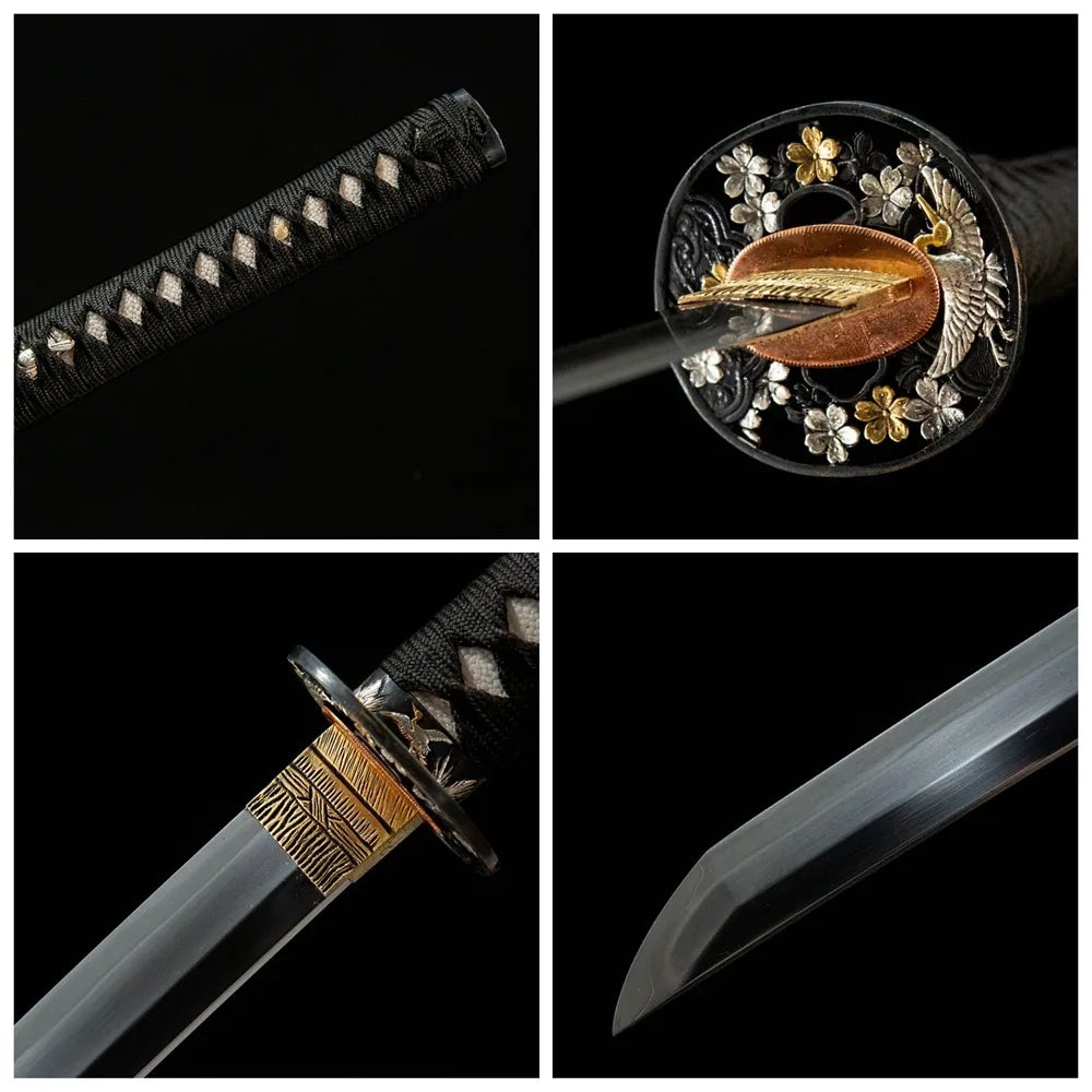 4-grid collage Dancing Crane honsanmai suguha blade copper gilt tsuka cow horn botanical saya