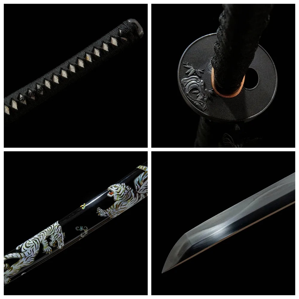 4-grid collage Fierce Tiger notare blade copper tsuba ray skin tsuka plain wood saya