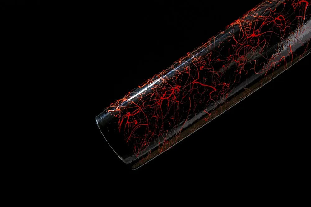 Red Tiger Wakizashi saya lower section, lacquered hardwood scabbard end detail