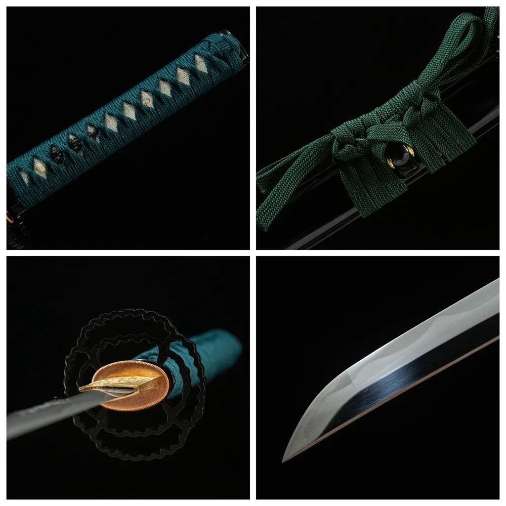 4-grid detail collage Sankoken blade iron hollow tsuba green ray skin tsuka black lacquer saya
