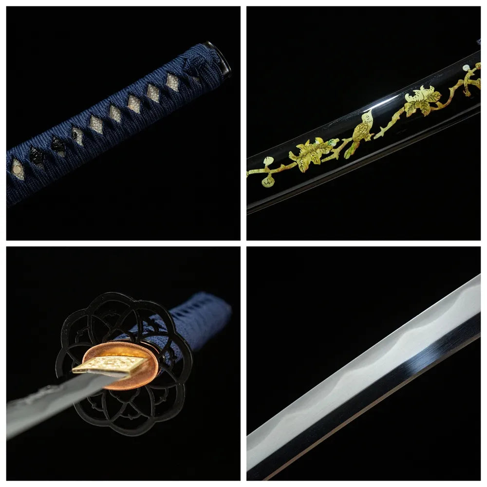 4-grid detail collage Hummingbird Wakizashi gonome blade, hollow iron flower tsuba blue tsuka hummingbird painted saya