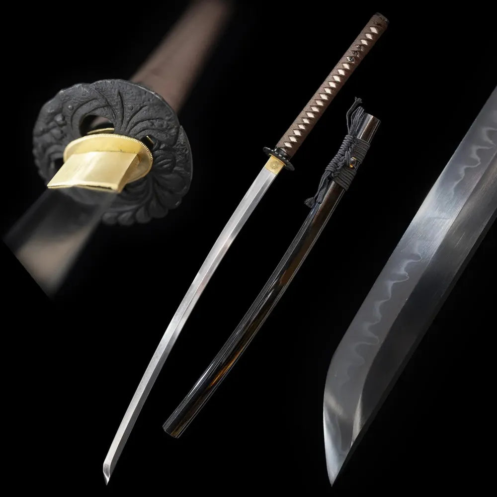 Night‑Charm‑Katana night‑charm long‑tsuka vintage‑iron‑mount‑practical‑traditional‑motif samurai katana drawn T10 sanbonsugi classic cedar‑wave hamon blade high‑gloss‑black lacquered solid‑wood saya full black‑background studio shot