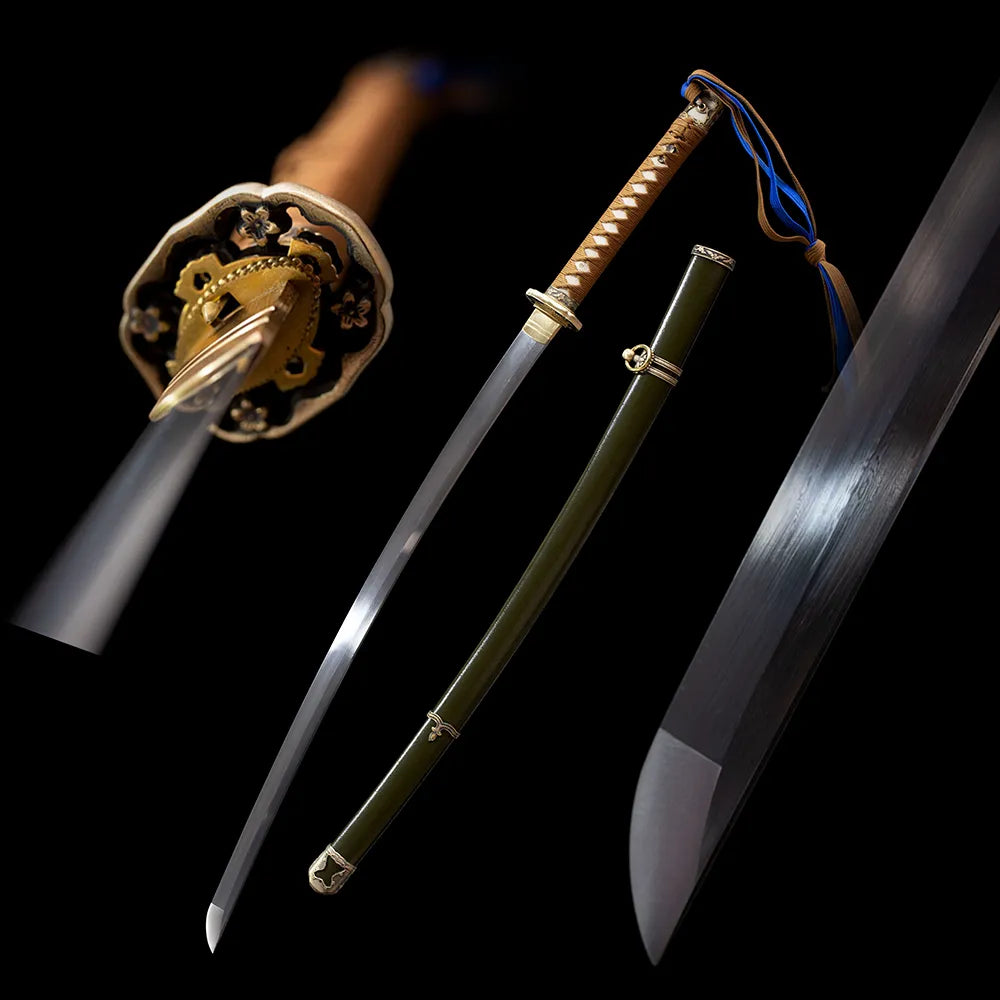 Command‑Saber vintage military command saber drawn damascus folded steel blade military‑green hardwood saya full black‑background studio shot