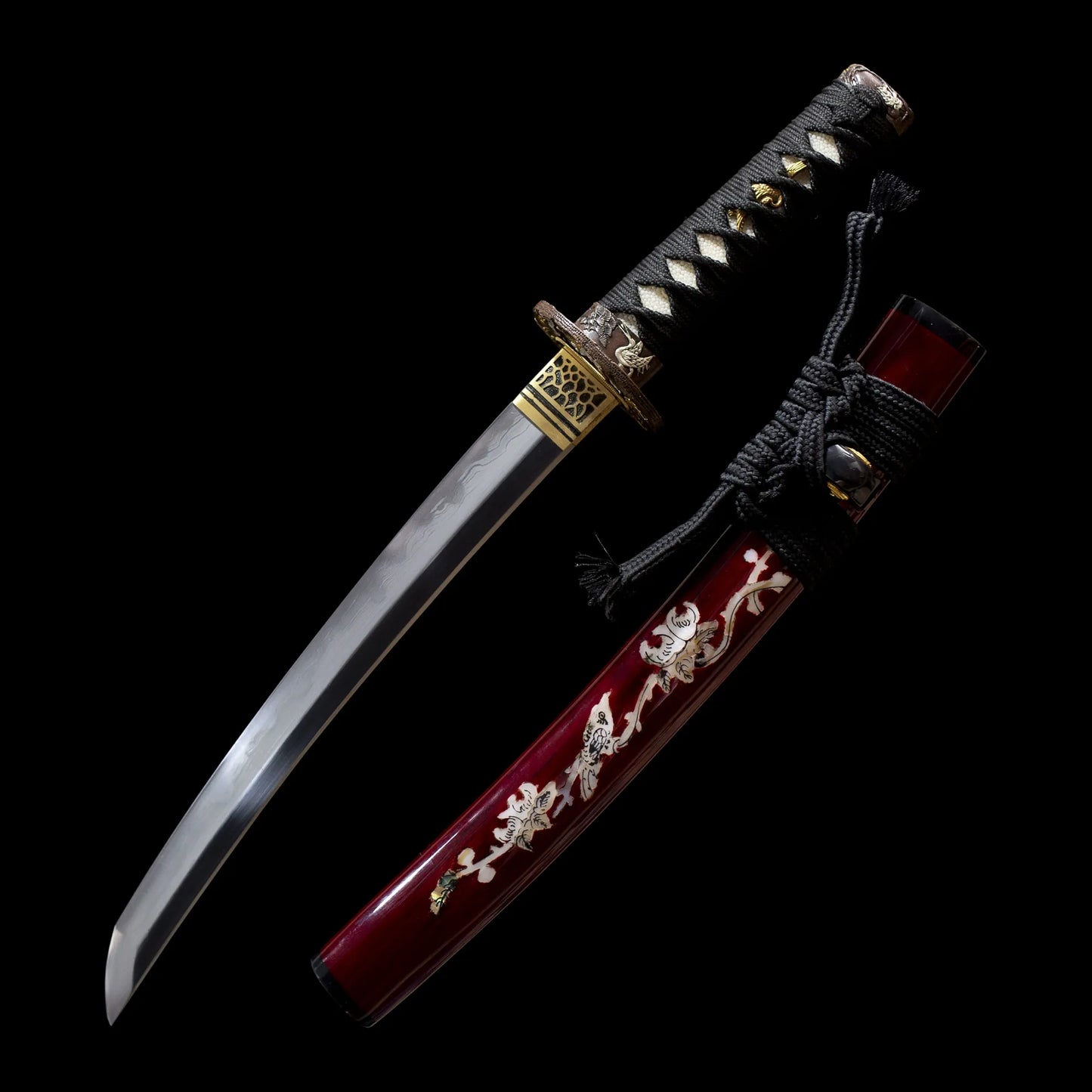 red wakizashi-sanmai damascus wakizashi store