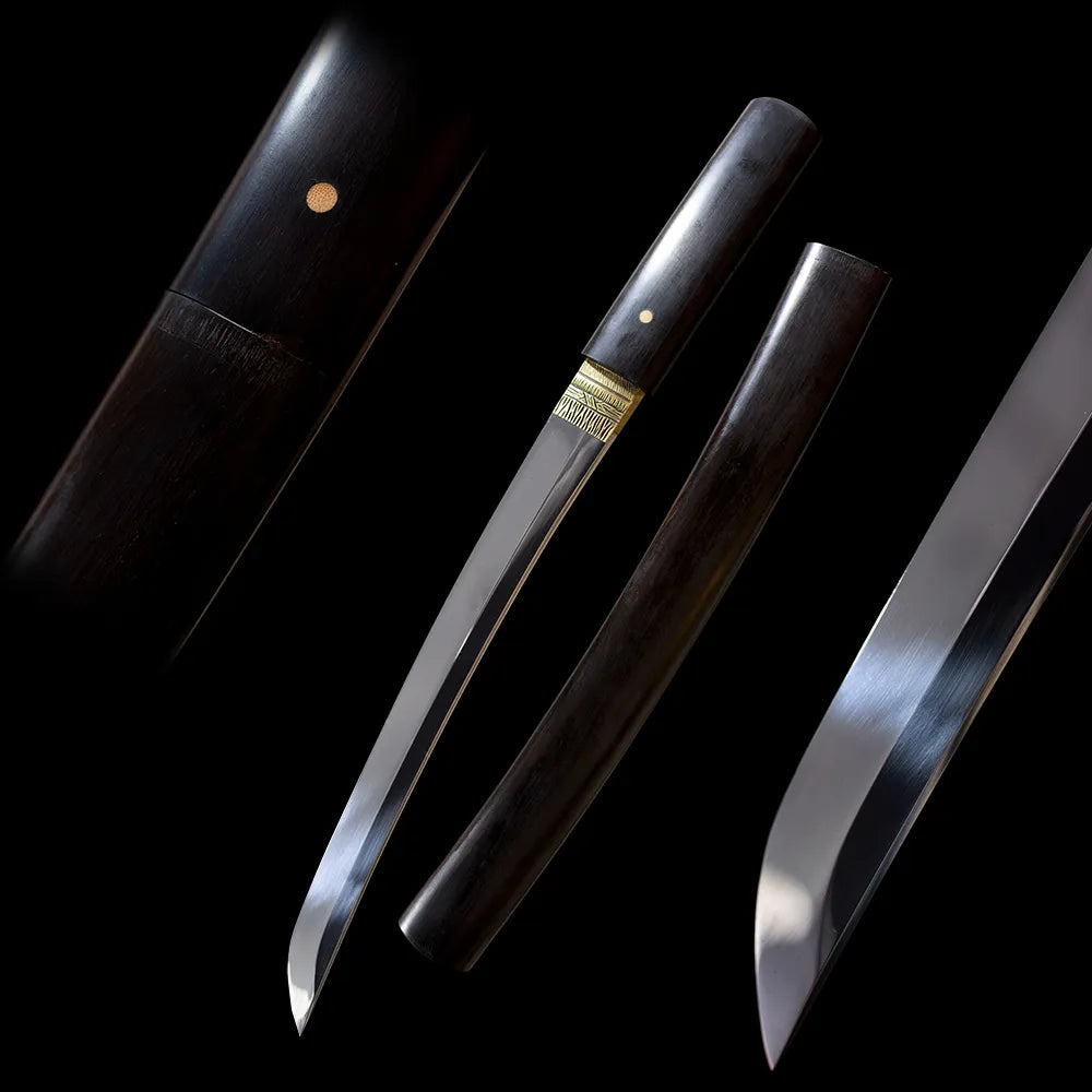 Wing‑Wakizashi ethereal avian‑wing‑motif wakizashi short samurai sword drawn T10 choji wave hamon blade light‑gray silver‑feather‑print saya full black‑background studio shot