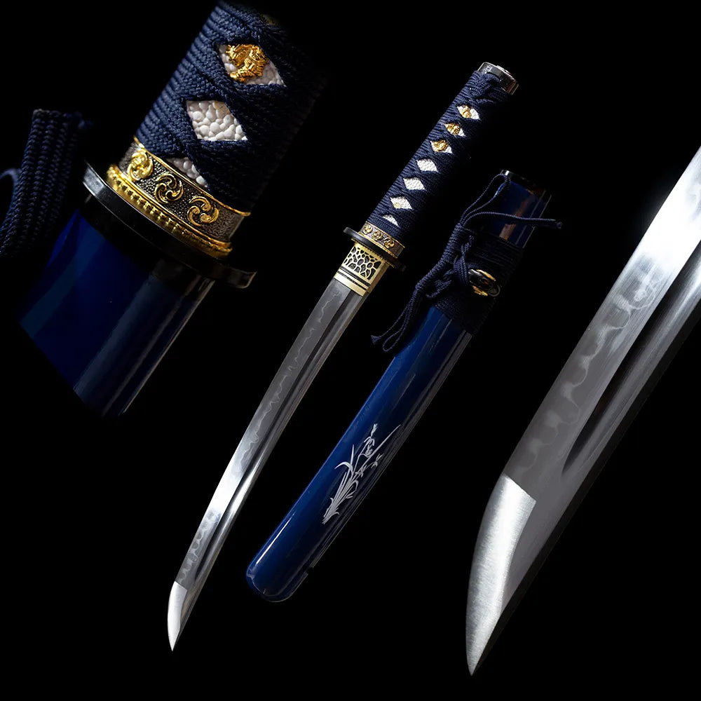 Wakizashi‑Blue‑Bamboo zen‑oriented blue‑bamboo aesthetic wakizashi short sword drawn t10 suguha straight hamon blade cyan‑gradient bamboo‑pattern saya full black‑background studio shot