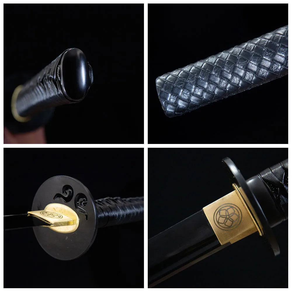 4-grid collage Obsidian plain dark iron tsuba black tsuka full matte obsidian blade solid black saya
