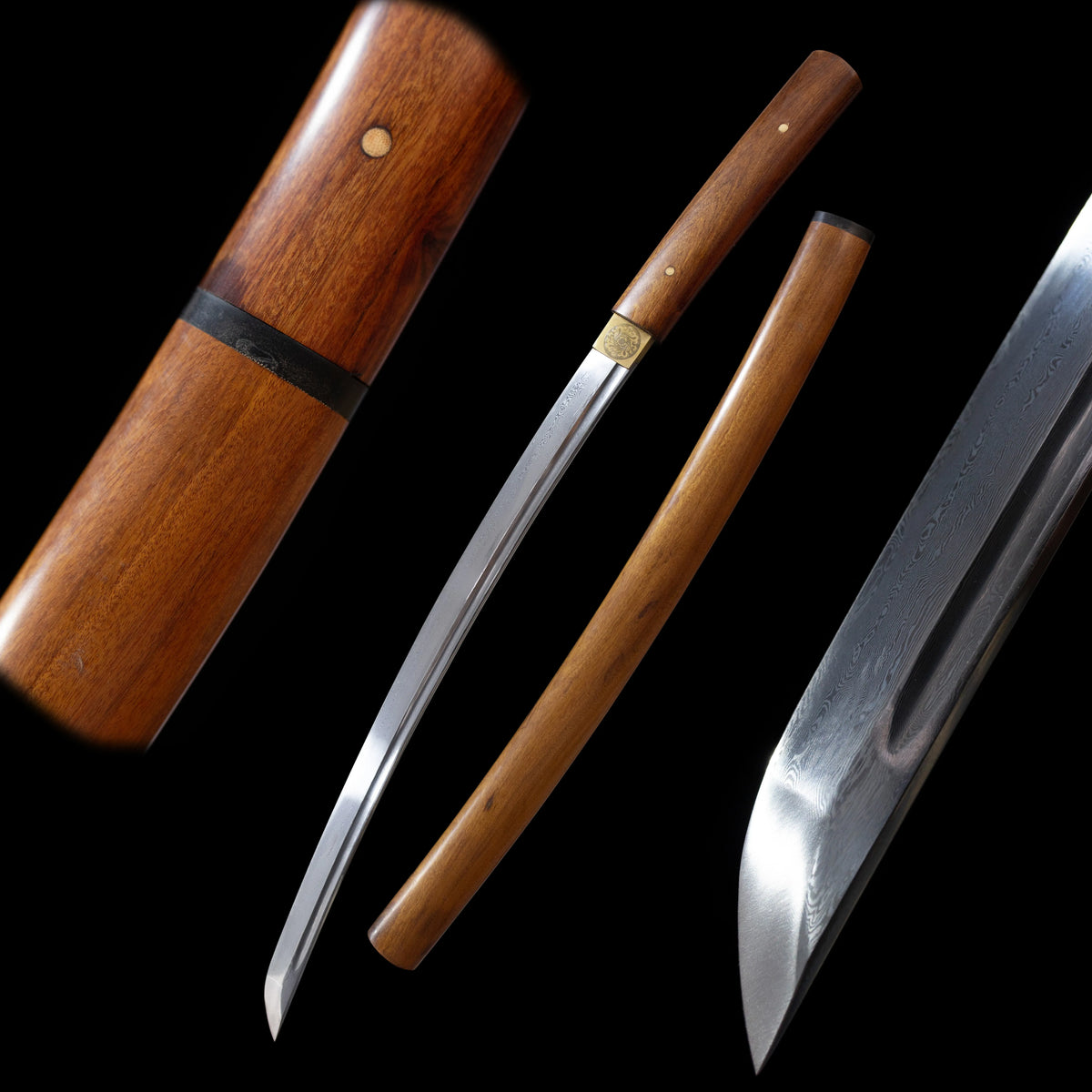 Jihad‑Shirasaya‑Wakizashi traditional shirasaya bare‑wood collectible wakizashi short samurai sword drawn T10 notare‑gunome undulating hamon blade natural unpainted bare‑wood shirasaya saya full black‑background studio shot