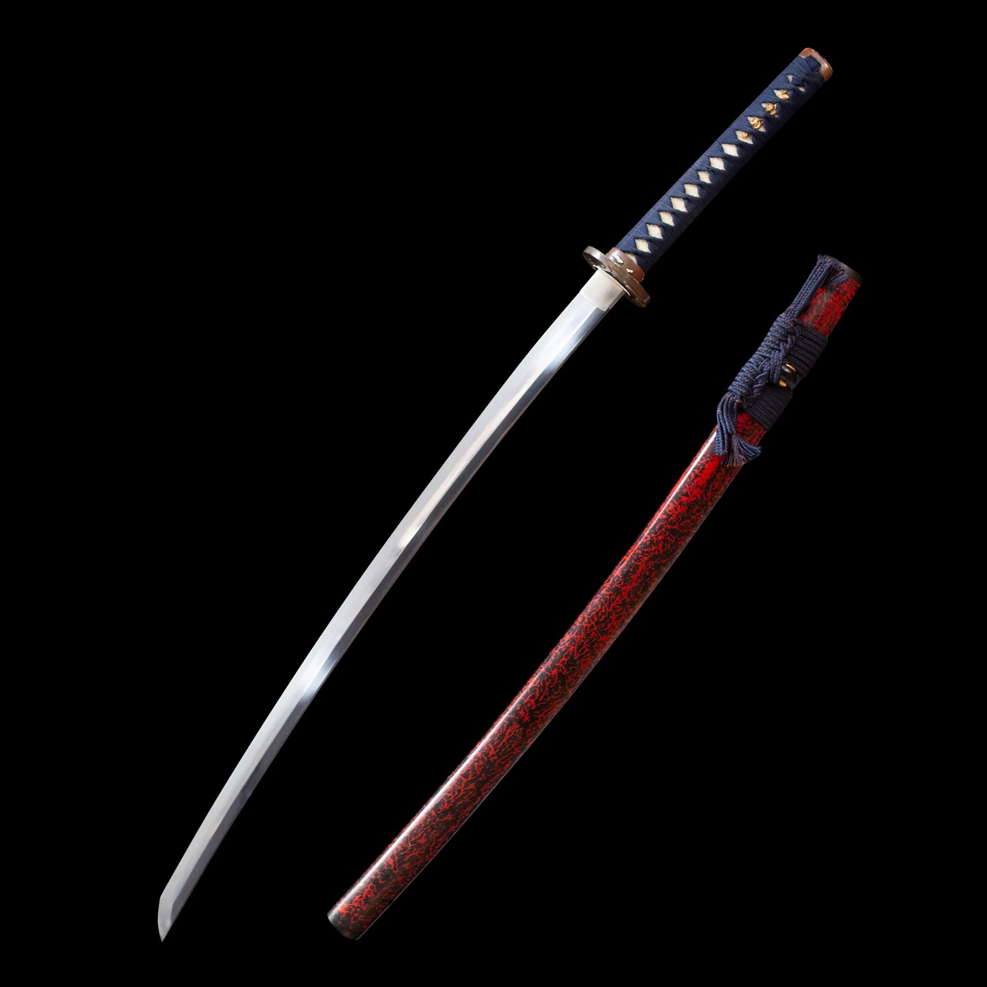 This red katana is a handmade kata forged from Damascus steel