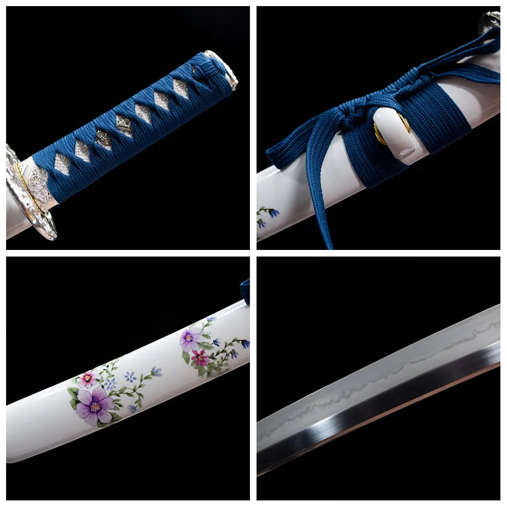 Four grid collage flower tsuba, mini tsuka, blade & saya close-ups