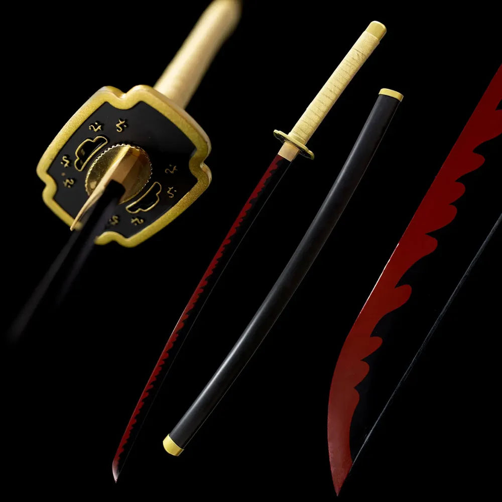 Yoriichi Tsugikuni legendary swordsman nichirin katana drawn red‑flame blade black saya full black‑background studio shot