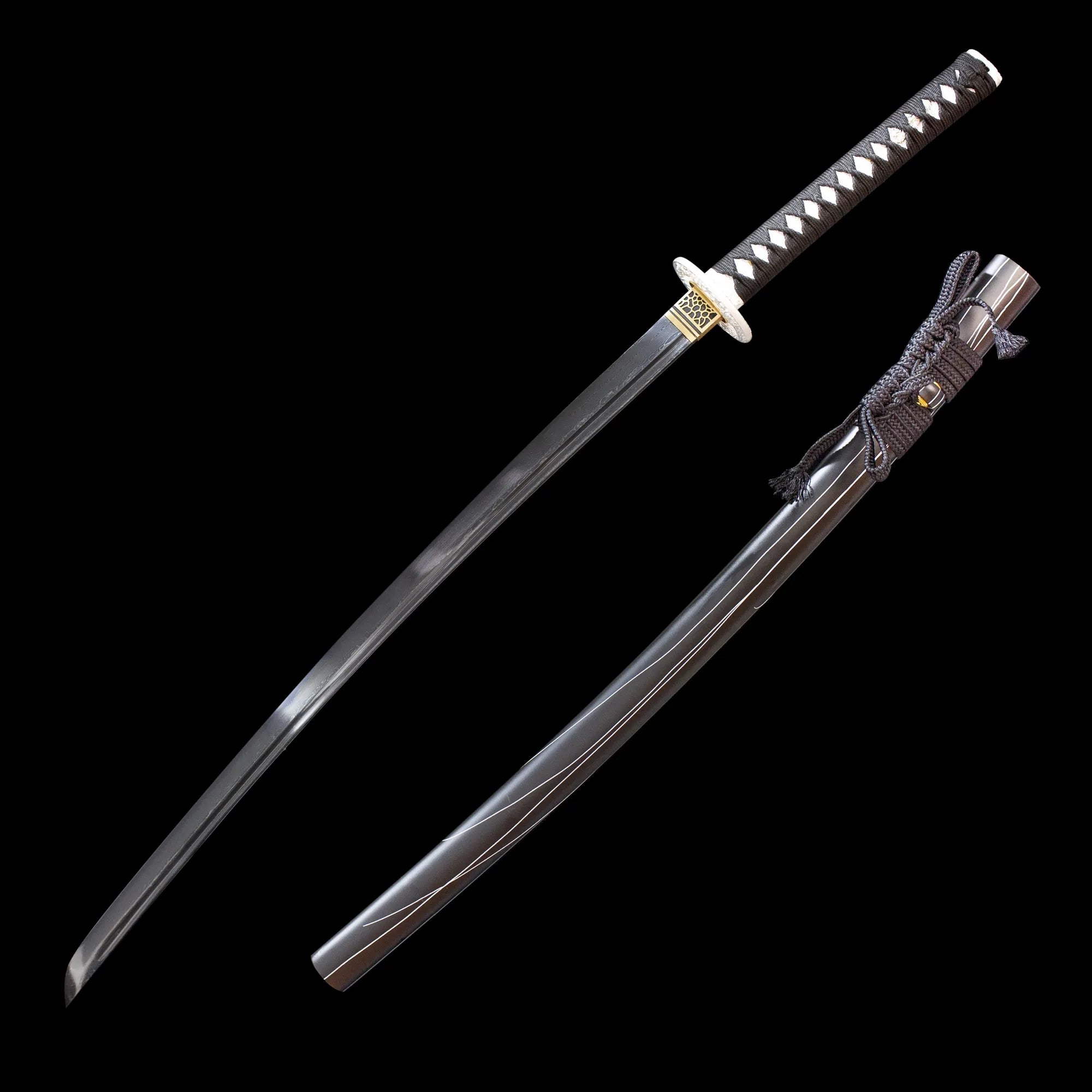 This katana（samurai sword） is forged from Damascus steel. The surface is oxidized and blackened