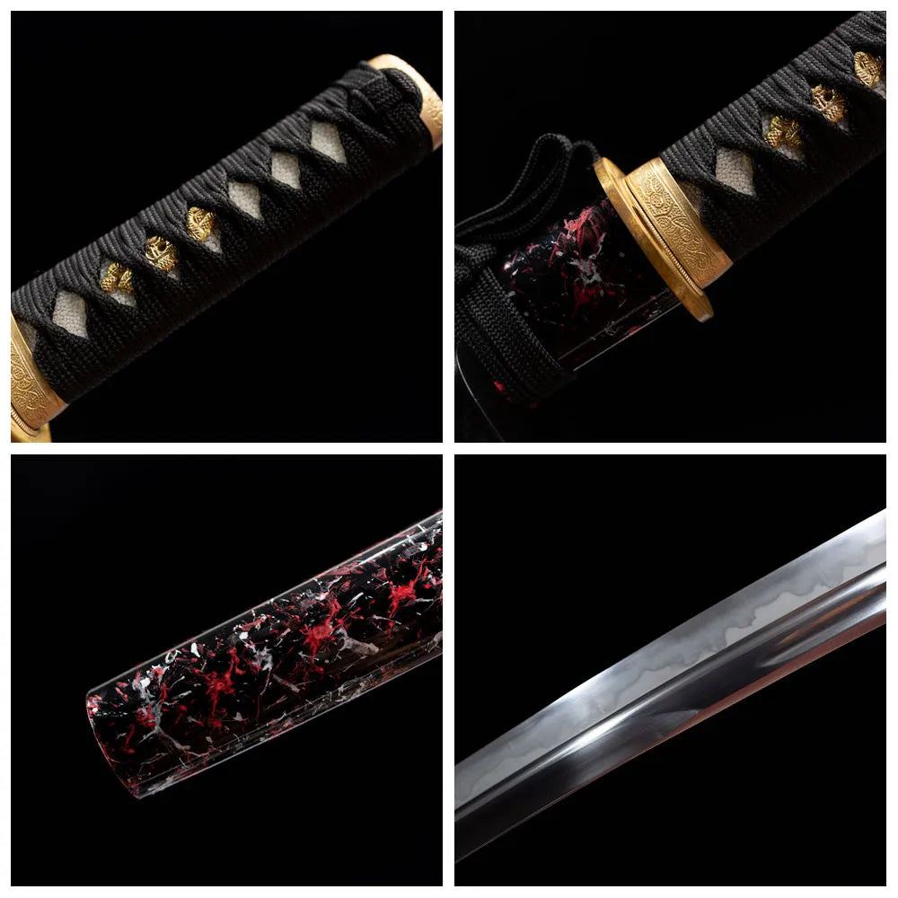 Four grid collage tsuka, tsuba, blade tip & blood marble saya details