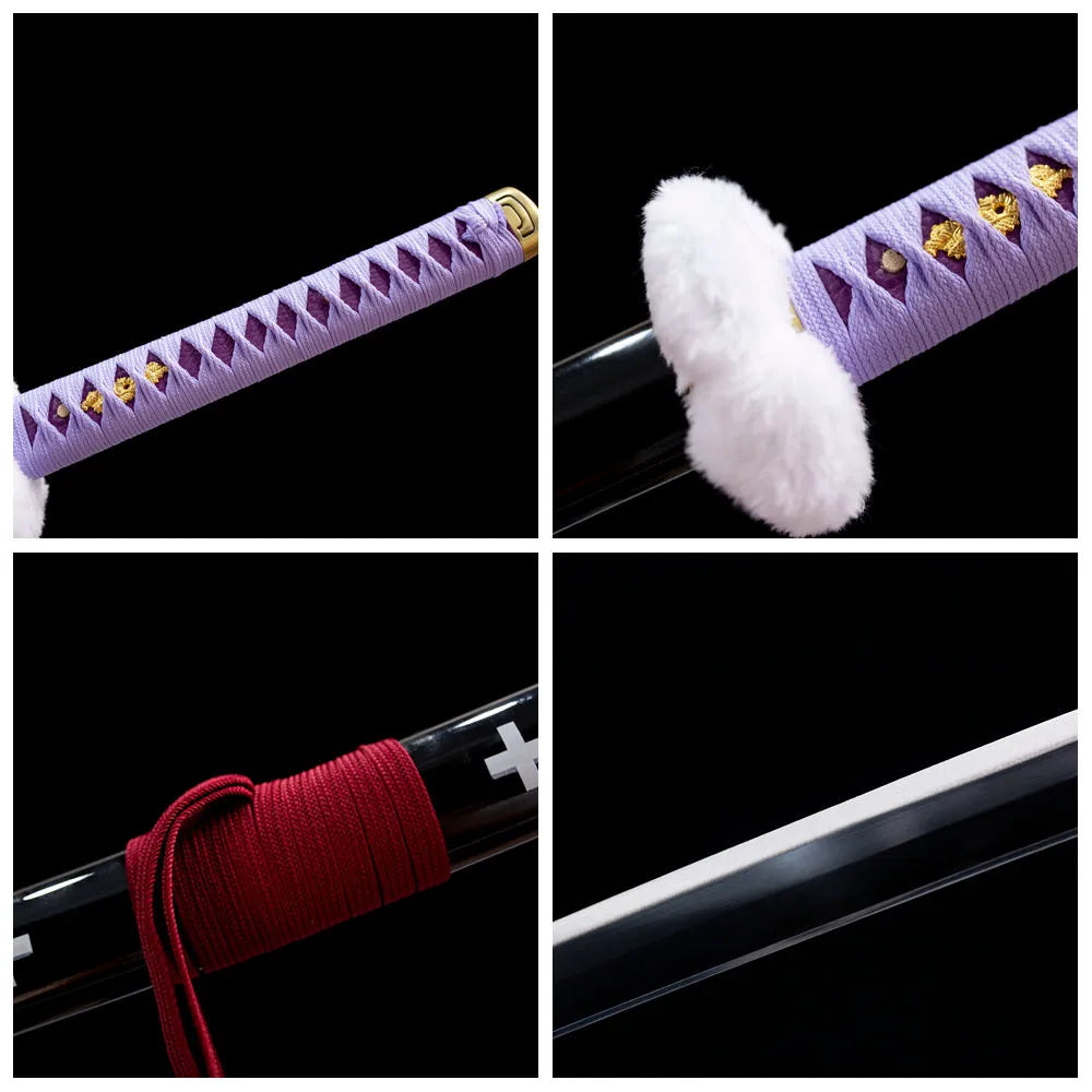 Four‑grid collage white‑fur tsuba, purple tsuka, cross‑print saya, blade close‑ups