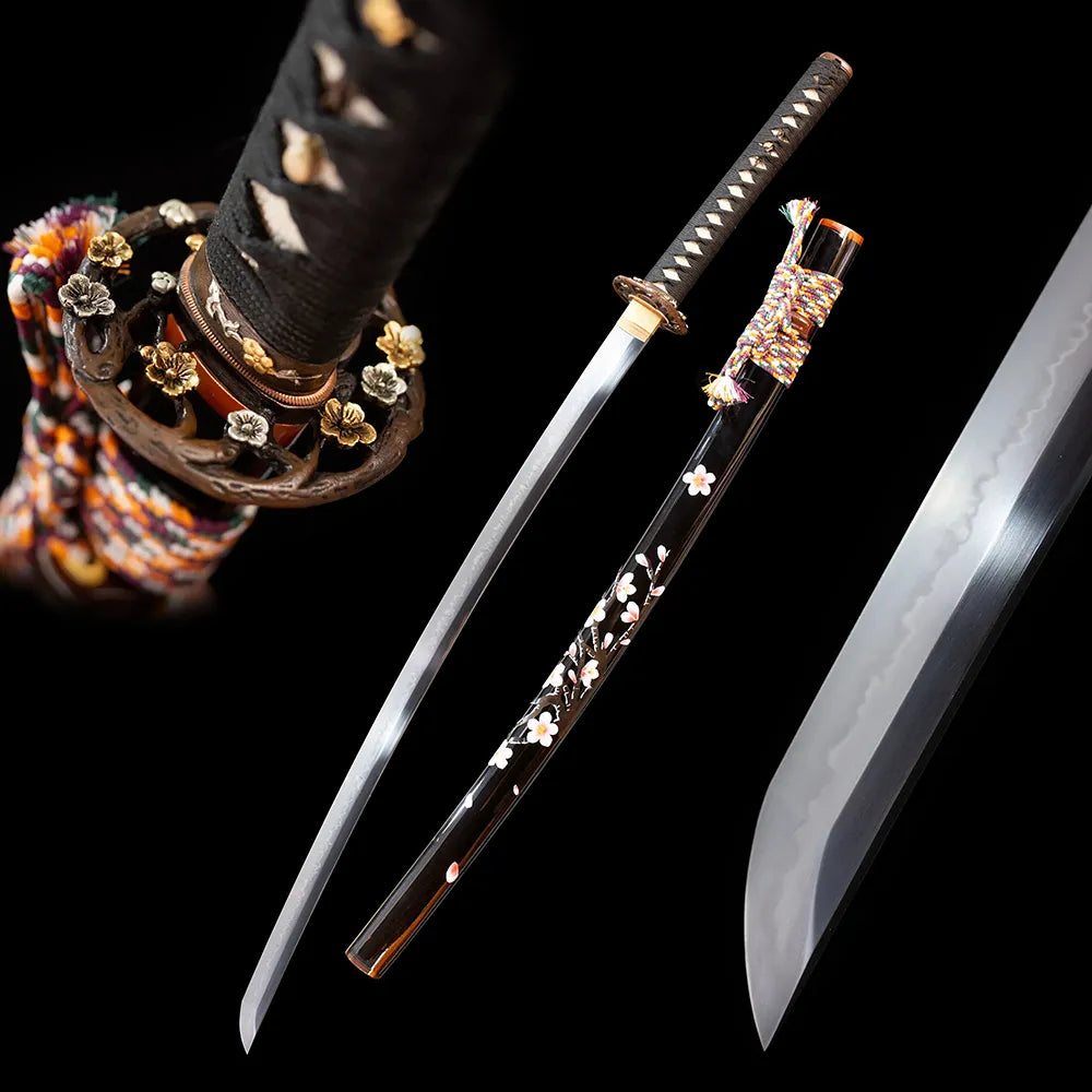 Sakura‑Katana spring‑cherry‑blossom hanamichi‑aesthetic‑motif samurai katana drawn T10 splash‑pattern cherry‑petal‑scatter undulating hamon blade high‑gloss‑black hand‑painted pink‑white sakura saya full black‑background studio shot