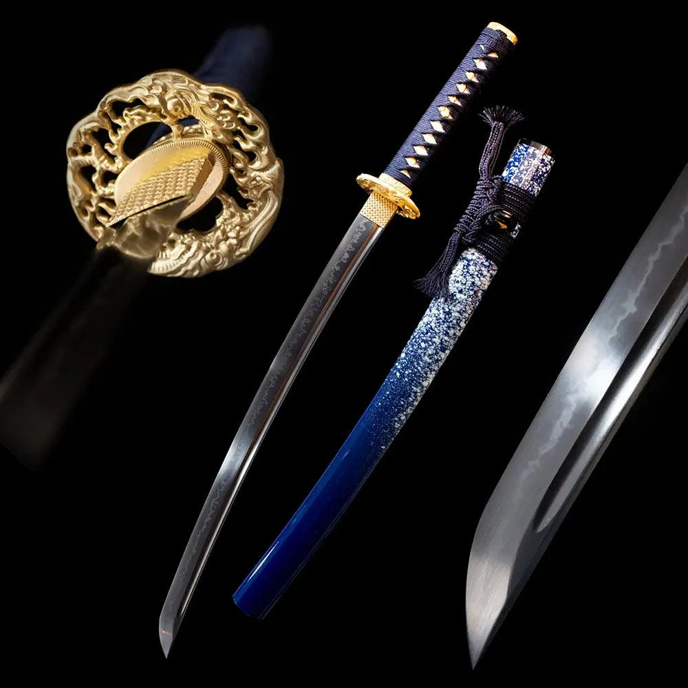 Mirror‑Heart‑Demon‑Wakizashi mirror‑heart dark‑phantom‑oni‑motif compact wakizashi drawn T10 splash‑pattern splashing‑surf‑ripple hamon blade royal‑blue white‑star‑speckle saya full black‑background studio shot