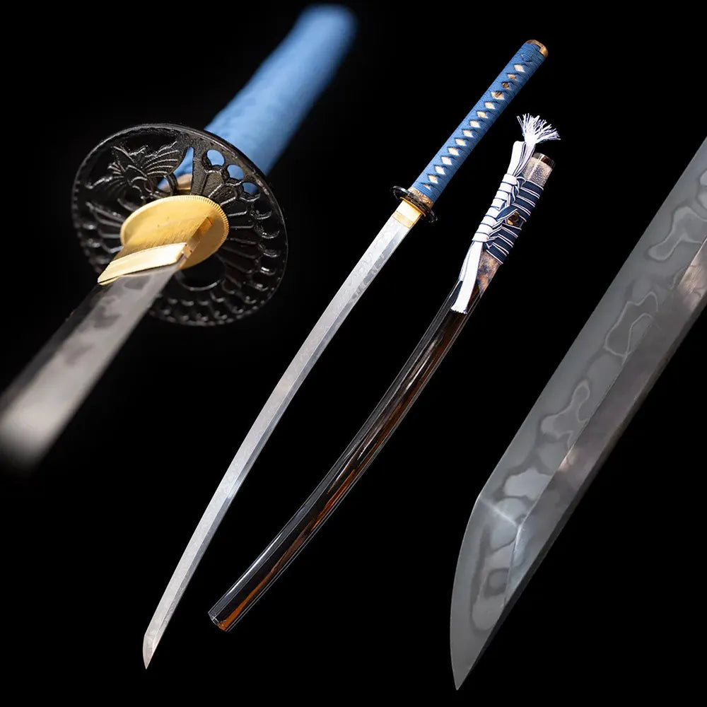 Butterfly‑Dance‑Katana butterfly‑dance dancing‑lepidoptera‑graceful‑nature‑motif samurai katana drawn T10 choji‑midare butterfly‑wing‑vein layered‑dancing hamon blade high‑gloss‑piano‑black blue‑white‑butterfly saya full black‑background studio shot