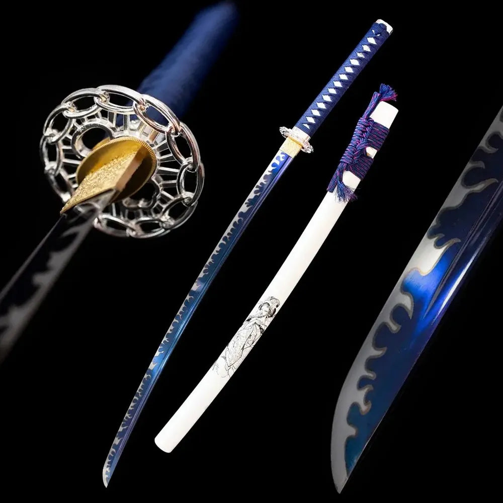 Geisha‑Katana ukiyo‑e‑geisha‑beauty‑figurative‑motif samurai katana drawn 1060 steel blue‑tinted‑etched wavy‑ornamental‑edge blade white‑lacquer ukiyo‑e‑geisha‑engraved saya full black‑background studio shot