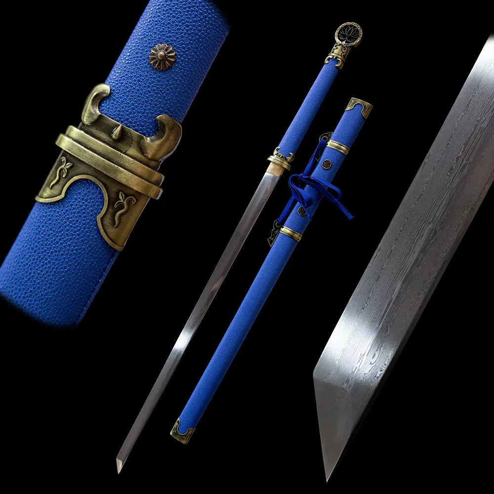 Alayeshi lotus tang dao separated damascus blade full blue leather scabbard black studio shot
