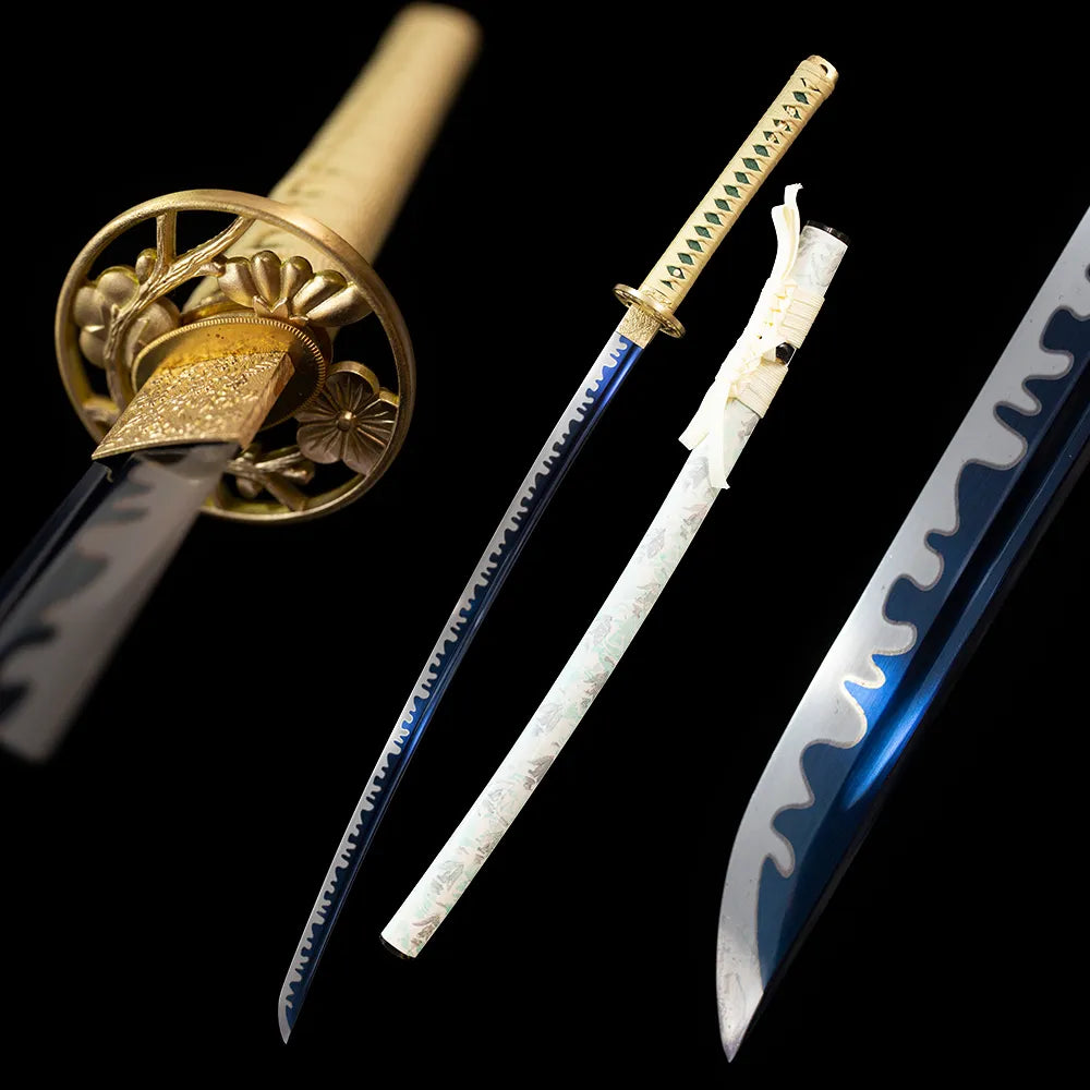Yingxue‑Katana winter‑plum‑blossom snow‑reflect‑motif samurai katana drawn high‑carbon‑steel blue‑tempered suguha‑gunome plum‑snow‑falling undulating hamon blade cream‑white pale‑cyan winter‑plum‑blossom saya full black‑background studio shot