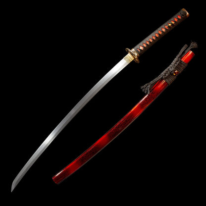 red Damascus katana Supreme -with ladder pattern