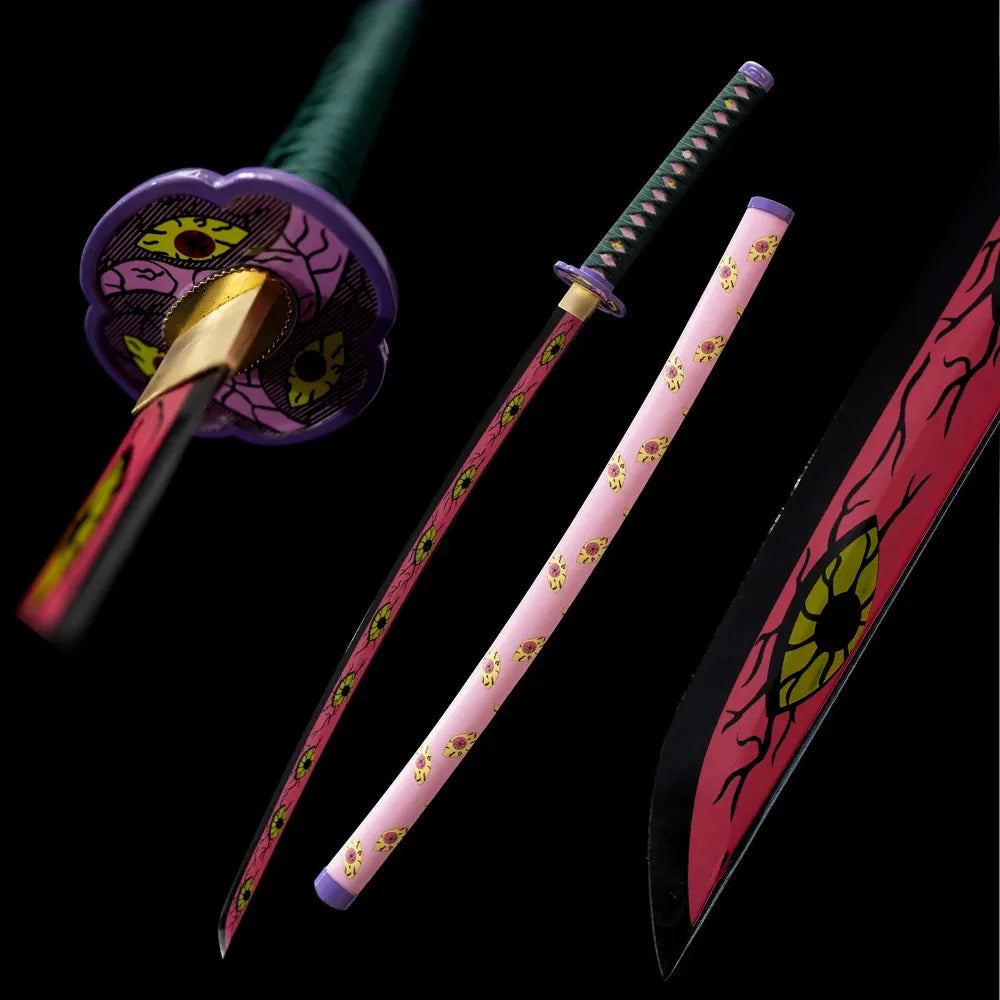 Kokushibo Kyokokukamusari upper‑rank‑one demon katana drawn demon‑eye blade pink demon‑print saya full black‑background studio shot