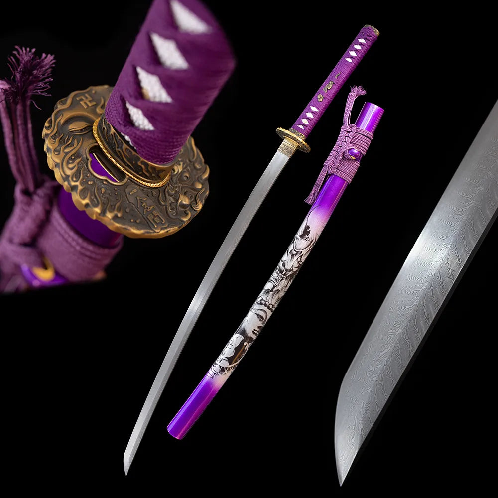 Purple‑Qi‑Haoran‑Katana purple‑qi‑aurora‑wuxia‑righteous‑motif samurai katana drawn damascus natural‑flow layered‑stream hamon blade gradient‑purple‑aurora drifting‑cloud saya full black‑background studio shot