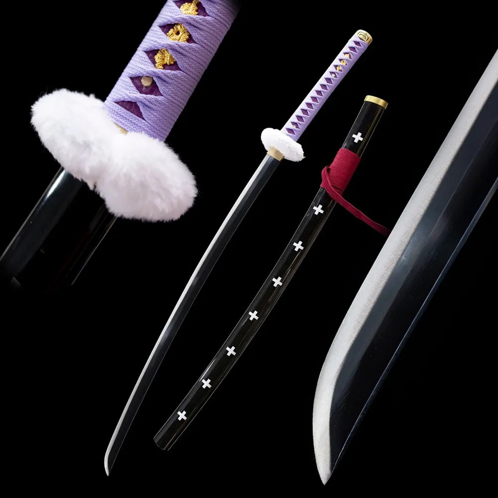 Trafalgar Law Kikoku katana drawn blade black white‑cross saya full black‑background studio shot