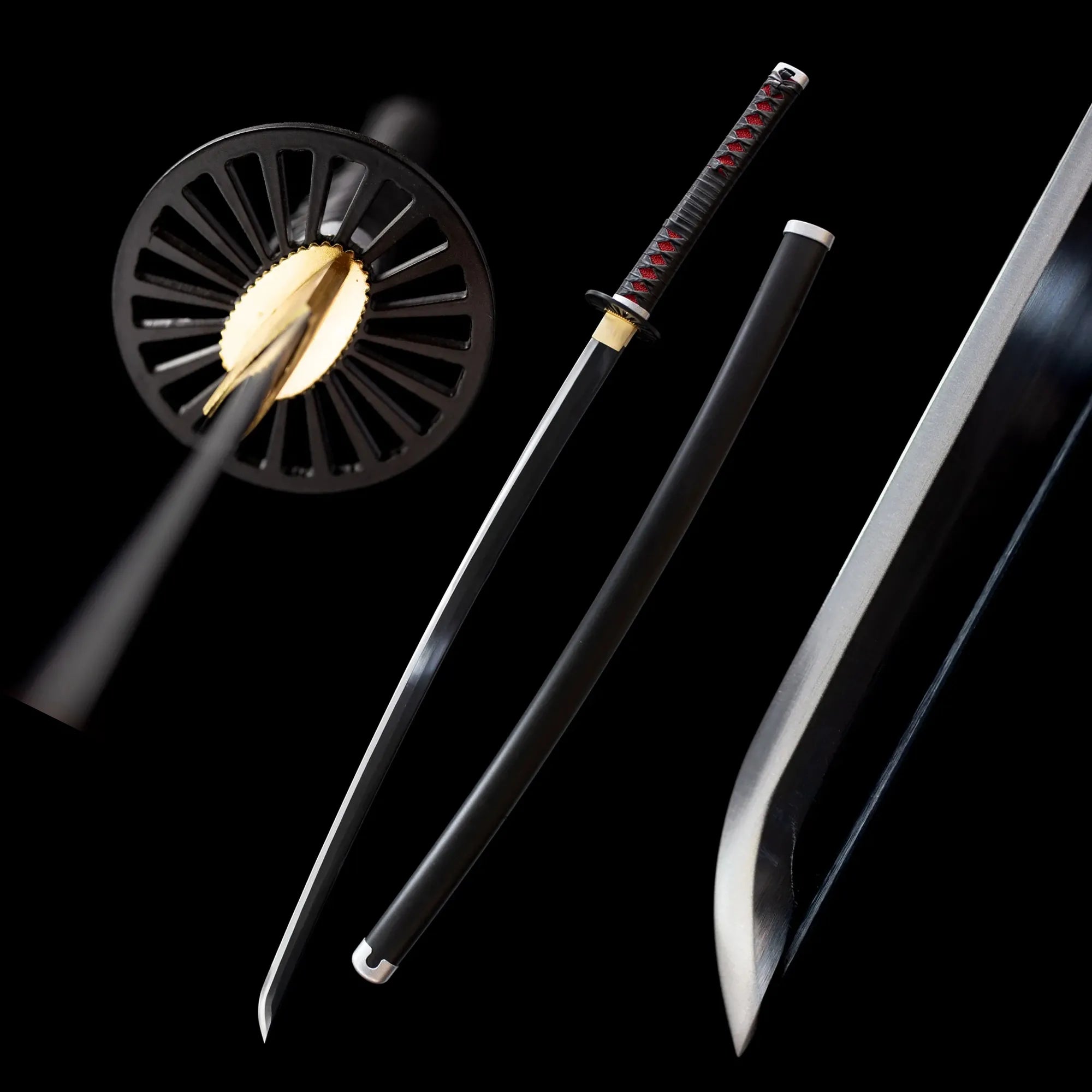 Kamado Tanjirou water breathing nichirin katana drawn black blade matte black saya full black background studio shot