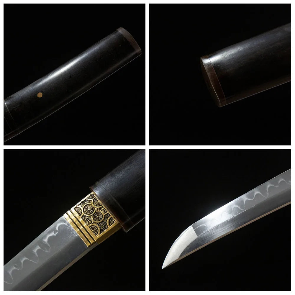 4-grid detail collage of Plum Blossom Dragon Tanto blade, handle, tsuba and ebony saya