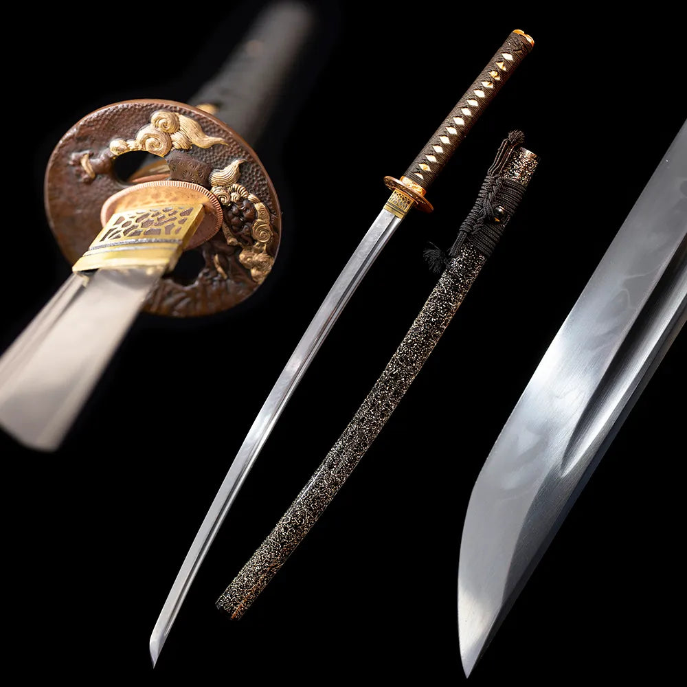 Snow‑Katana winter‑frost snow‑ice‑crystal‑motif samurai katana drawn T10 suguha‑gunome frost‑snow‑layered icy‑undulating hamon blade icy‑white crushed‑silver frost‑snow saya full black‑background studio shot