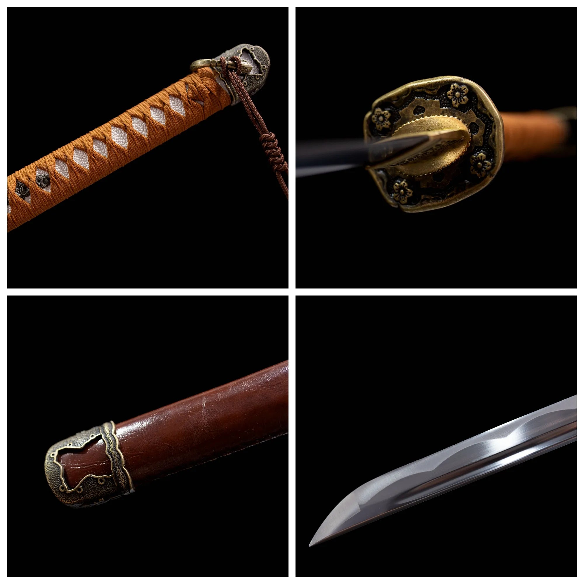 Four‑grid collage vintage floral brass military tsuba, orange‑brown ito tsuka, brown faux‑leather saya, suguha hamon blade close‑up details
