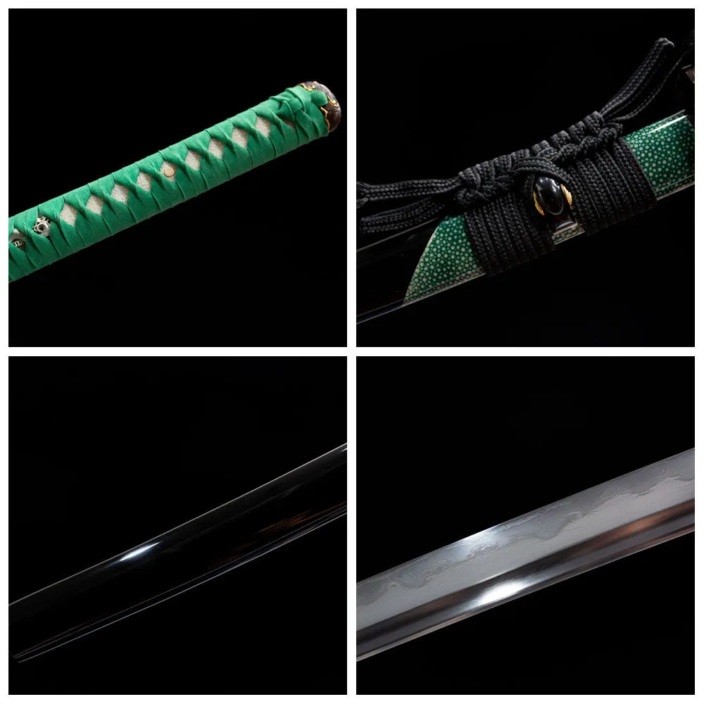 Four grid collage sun moon tsuba, sageo, tsuka & blade tip close-ups