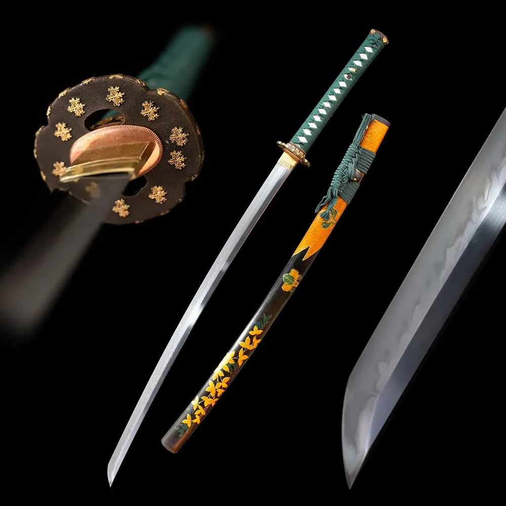 Late‑Autumn‑Katana late‑autumn maple‑leaf autumnal‑scenery‑motif samurai katana drawn T10 midare‑gunome layered‑maple‑undulating hamon blade black‑gold‑gradient golden‑maple‑leaf saya full black‑background studio shot