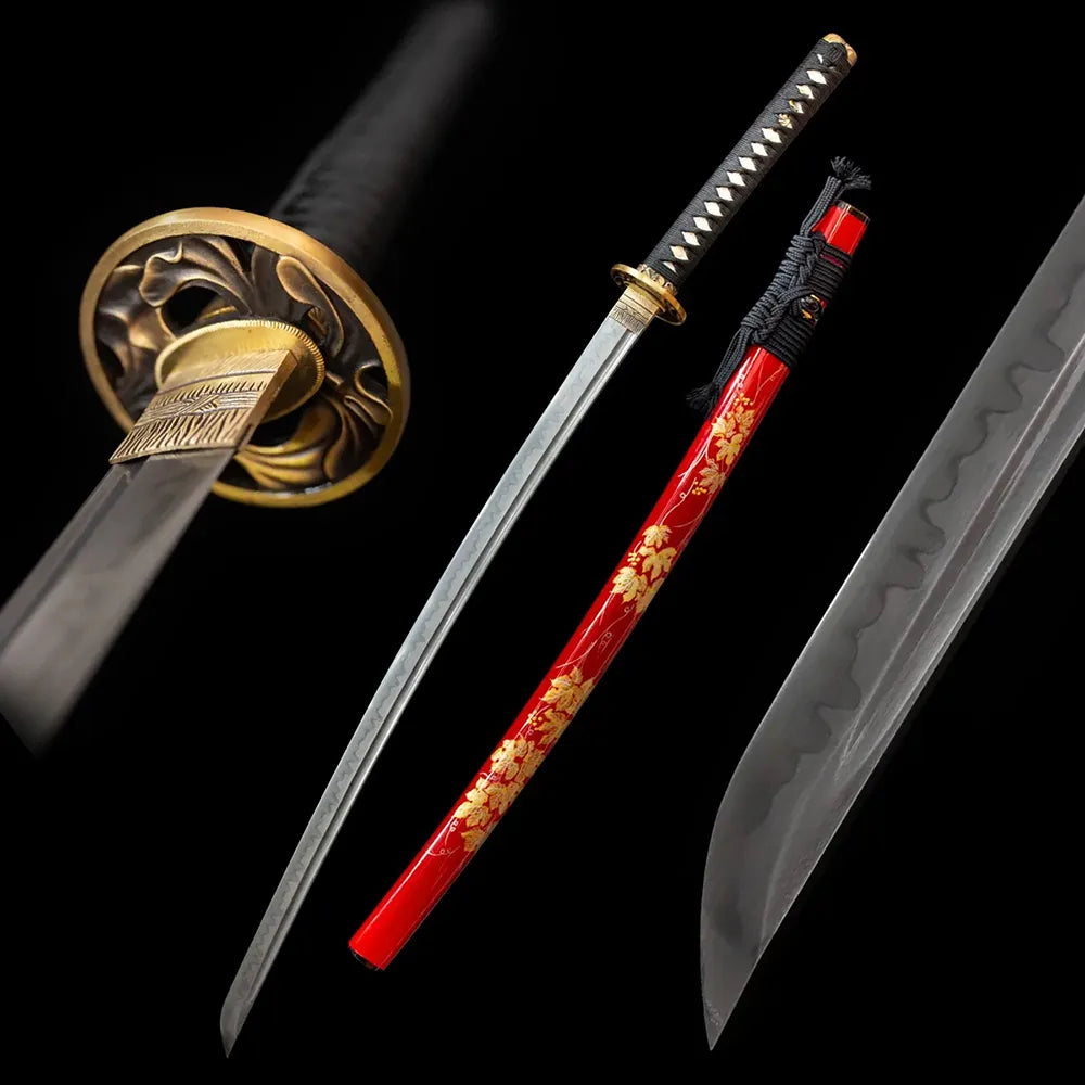Maple‑Leaf‑Katana autumn‑maple‑leaf‑fall‑scenery‑aesthetic‑motif samurai katana drawn T10 suguha‑midare autumn‑maple‑petal‑scattered‑layer hamon blade glossy‑crimson‑lacquer gilded‑maple‑leaf saya full black‑background studio shot