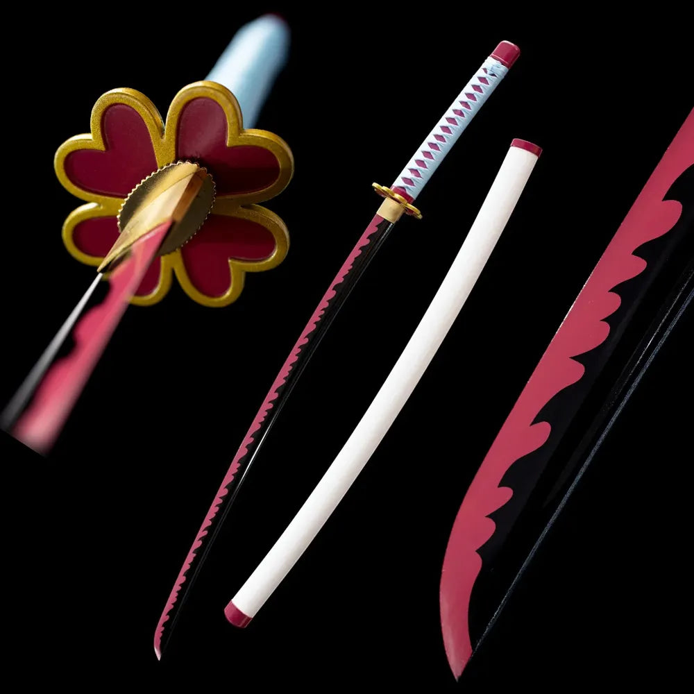 Kanroji Mitsuri Love Hashira nichirin katana drawn pink wave‑print blade glossy white saya full black‑background studio shot