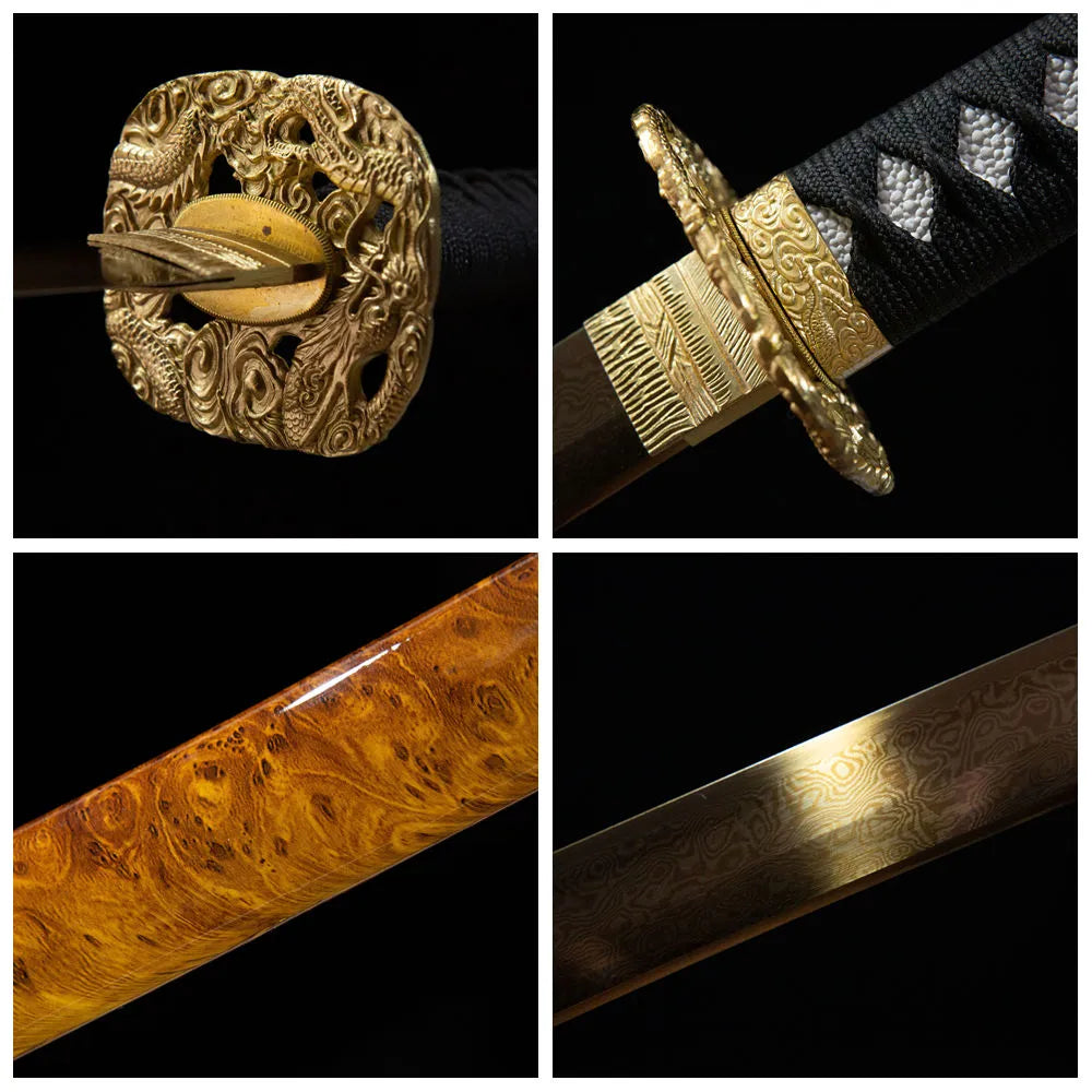 4-grid collage Fire Katana fire carved copper tsuba red silk tsuka red flame notare blade red lacquer saya