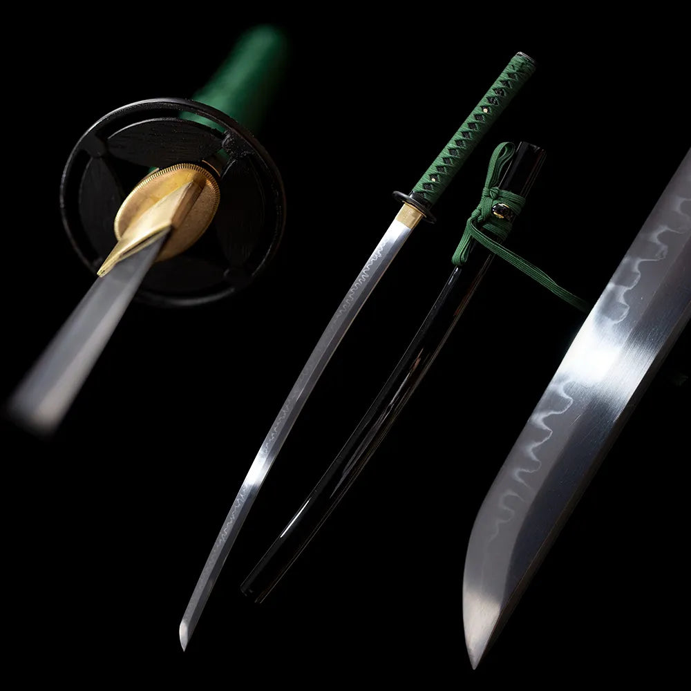 Green‑Python‑Katana wild‑nature green‑python‑motif samurai katana drawn t10 composite mixed hamon blade dark‑green gradient python‑textured saya full black‑background studio shot