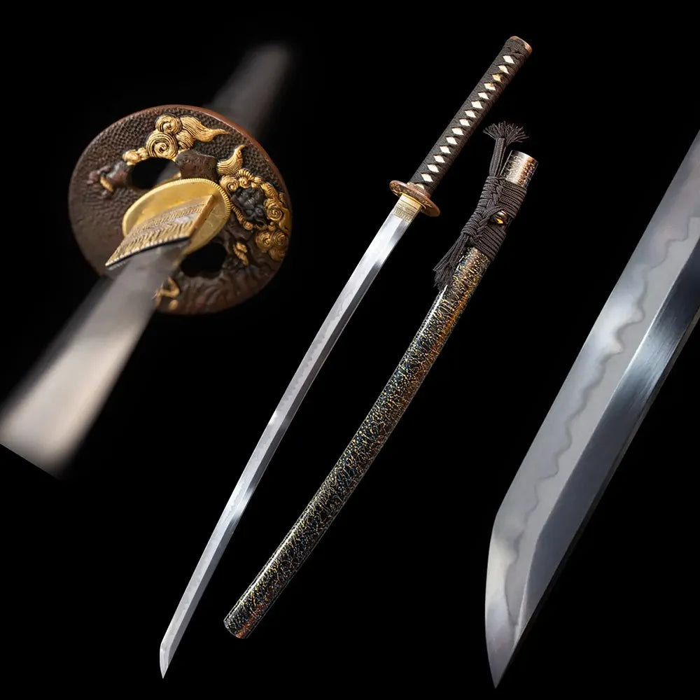 Shining‑Katana shimmering‑gold‑flake radiant‑aesthetic‑motif samurai katana drawn T10 sanbonsugi three‑cedar‑tree flowing‑undulating hamon blade black‑gold‑flake‑speckled saya full black‑background studio shot