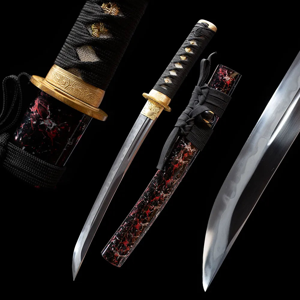 Time wakizashi drawn blade & blood red marble lacquer saya black background full shot