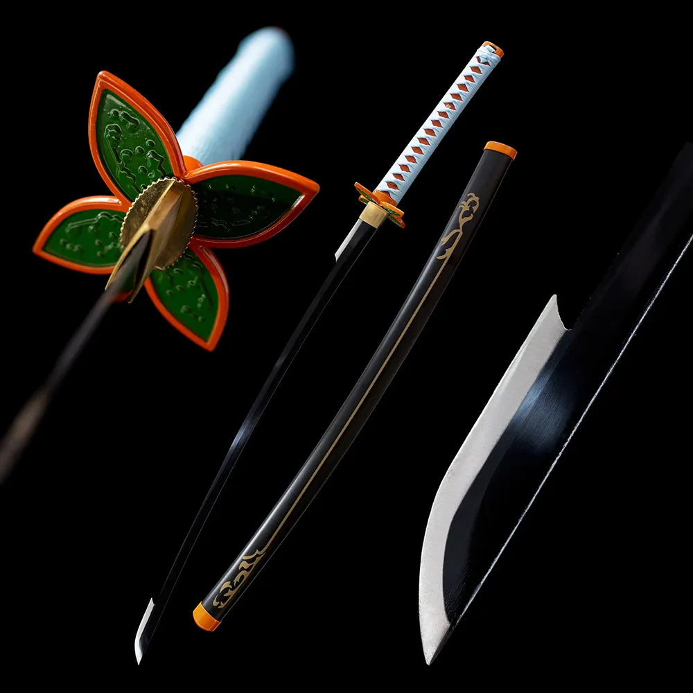 Kochou Shinobu Insect Hashira nichirin katana drawn blade light purple butterfly‑print saya full black‑background studio shot