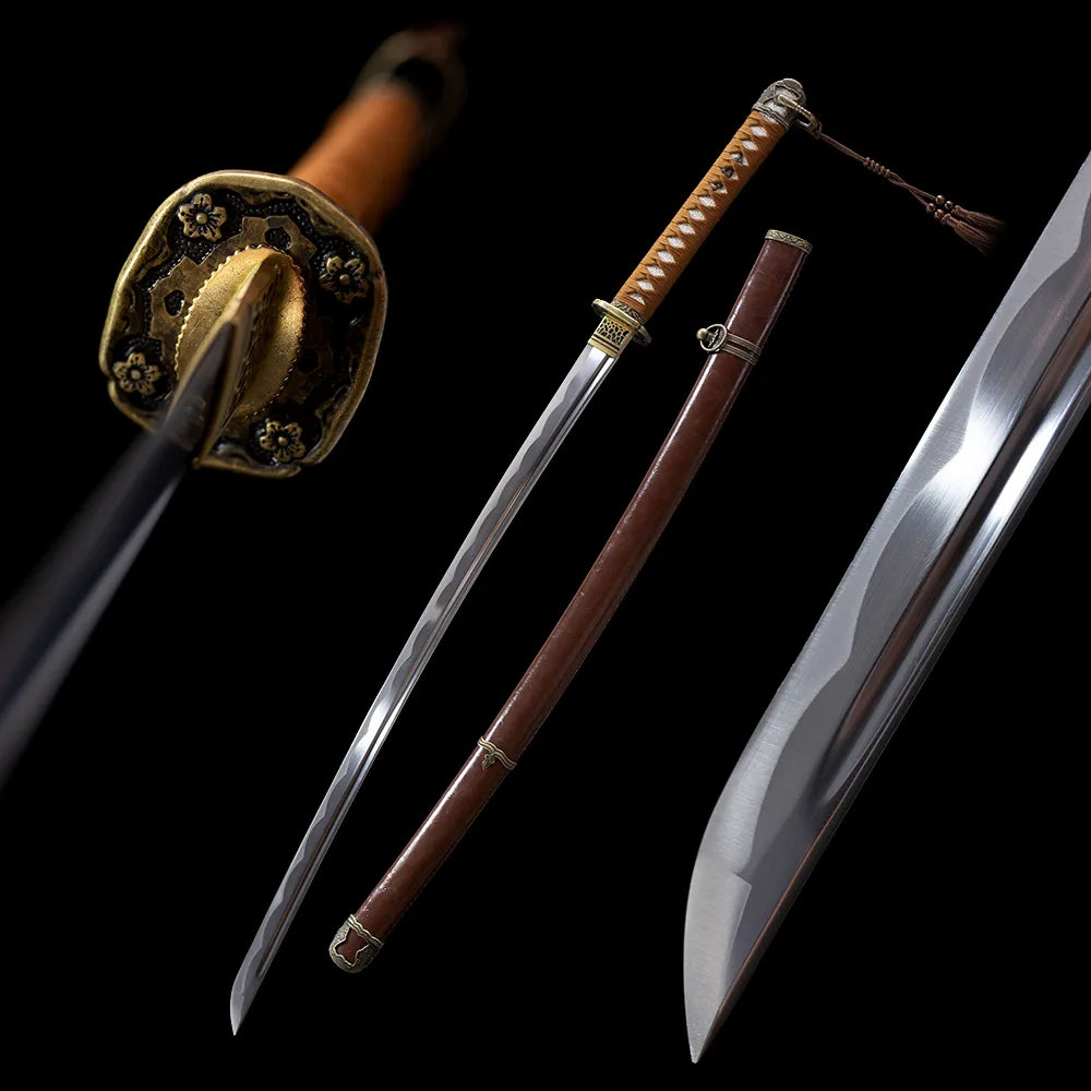 Soul‑Type‑98‑Saber wwii shin‑gunto officer reproduction saber drawn t10 suguha hamon blade brown faux‑leather saya full black‑background studio shot