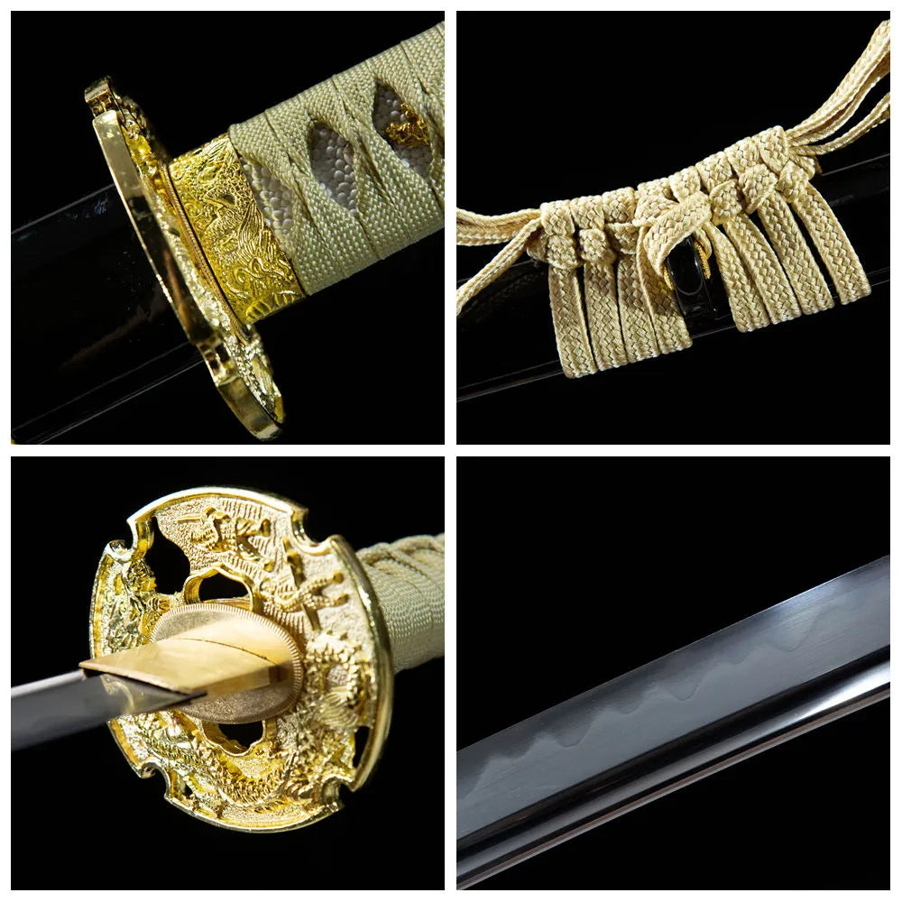 4-grid collage 3D gilded dragon tsuba dark brown ray skin tsuka gunome blade black red gold outline saya