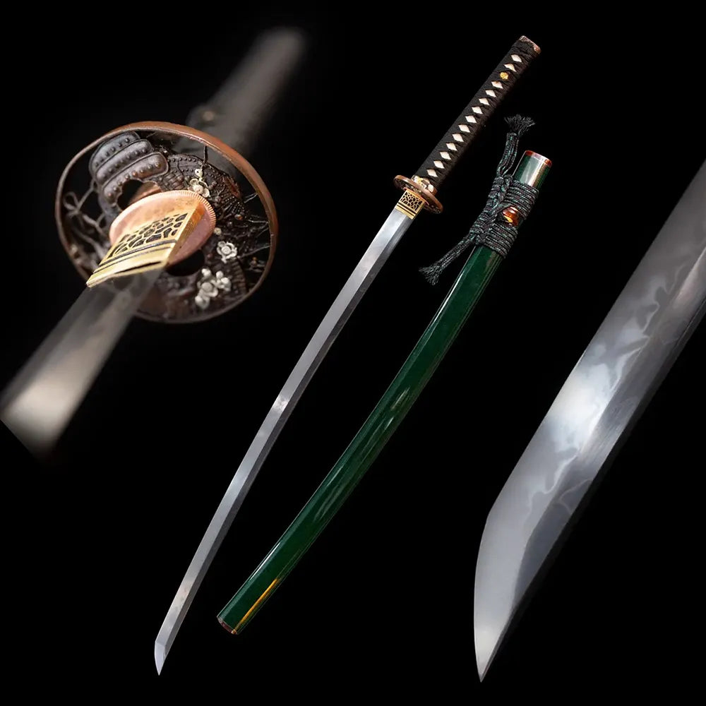 Armored‑Warrior‑Katana armored‑samurai‑warrior ancient‑armor‑motif samurai katana drawn T10 hitatasura dragon‑claw‑tearing hamon blade dark‑emerald‑green faint‑armor‑pattern saya full black‑background studio shot