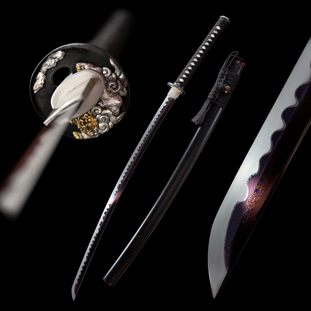 Lion‑Chop shishi‑motif samurai katana drawn damascus folded steel blade matte‑black hardwood saya full black‑background studio shot