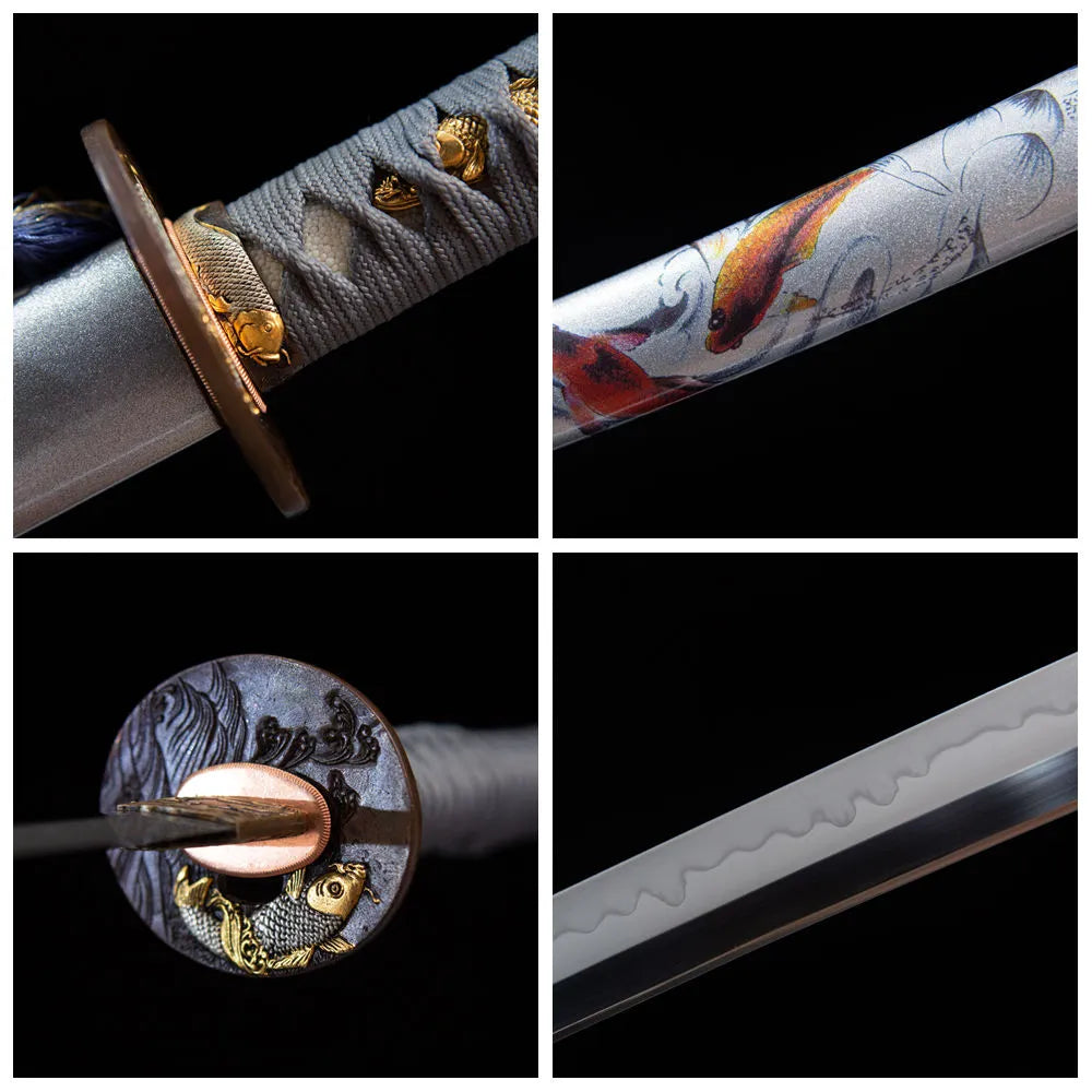 Four grid collage of tsuba, habaki, blade tip & koi sheath print